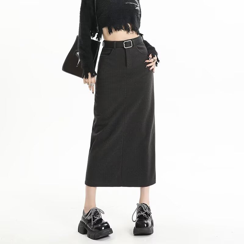 Slit Midi H-Line Skirt with Belt High Rise Set