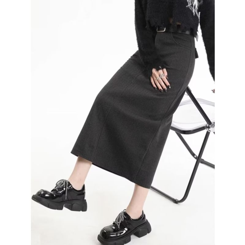 Slit Midi H-Line Skirt with Belt High Rise Set