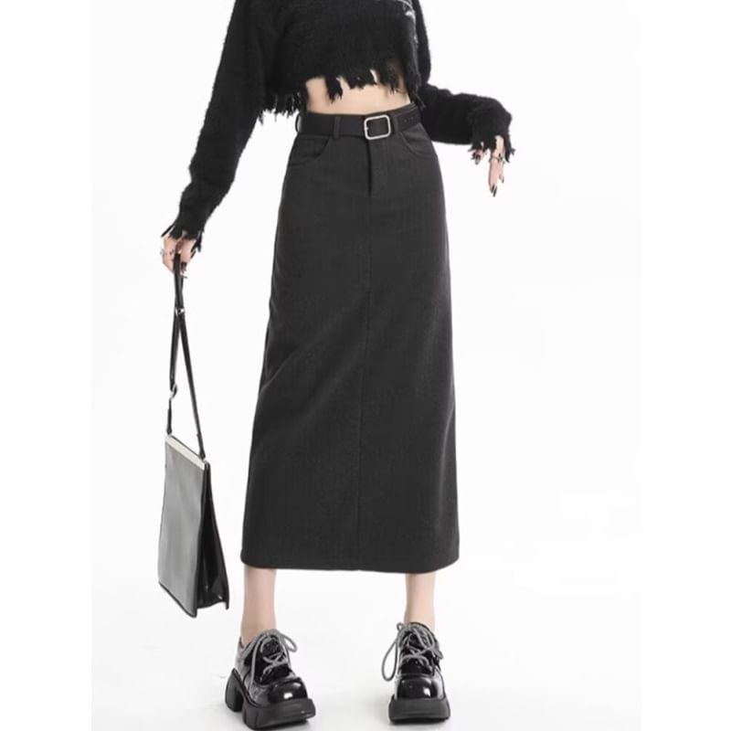 Slit Midi H-Line Skirt with Belt High Rise Set