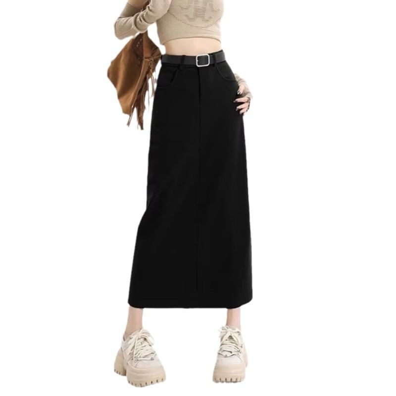 Slit Midi H-Line Skirt with Belt High Rise Set