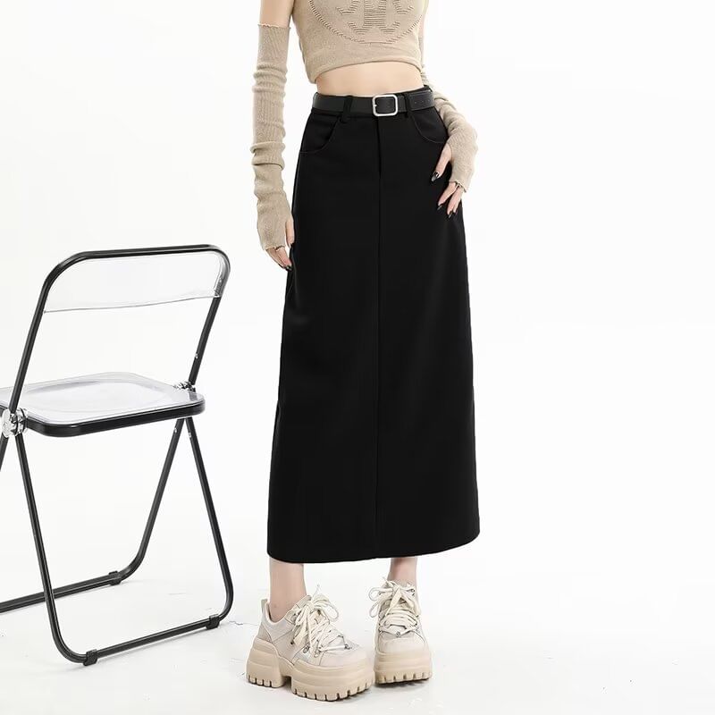 Slit Midi H-Line Skirt with Belt High Rise Set