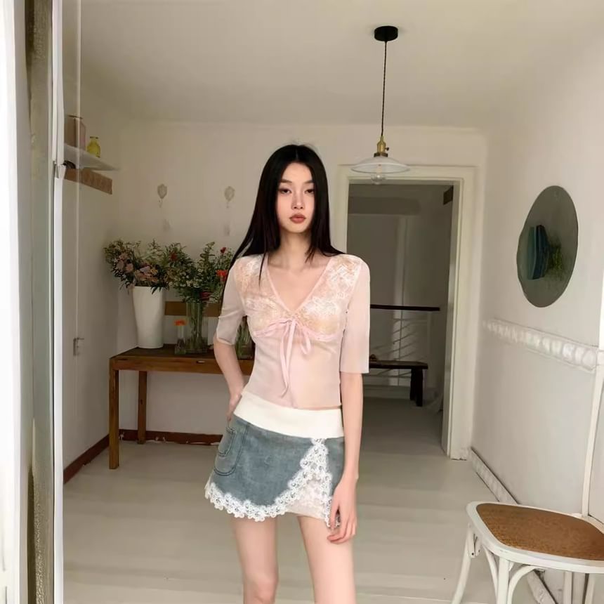 Lace Panel Slim Top and Low Waist Pencil Skirt Set