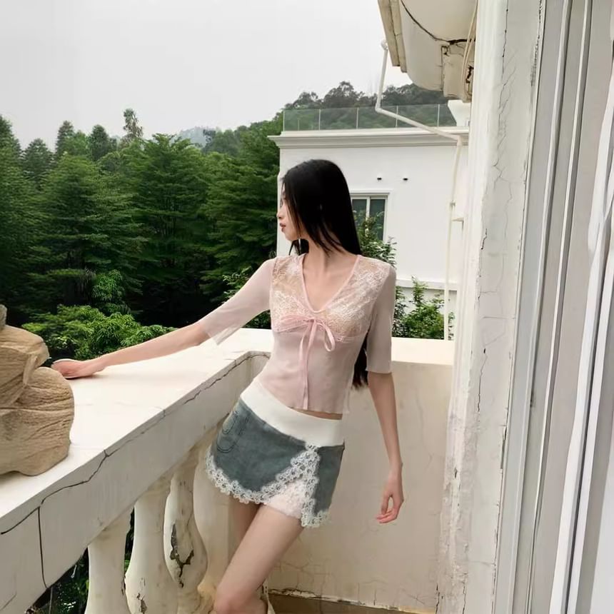 Lace Panel Slim Top and Low Waist Pencil Skirt Set