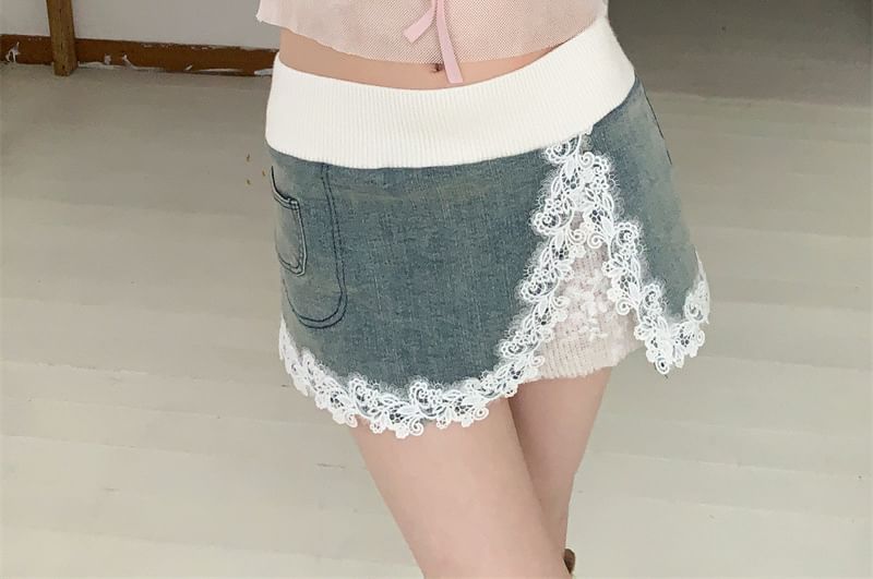 Lace Panel Slim Top and Low Waist Pencil Skirt Set