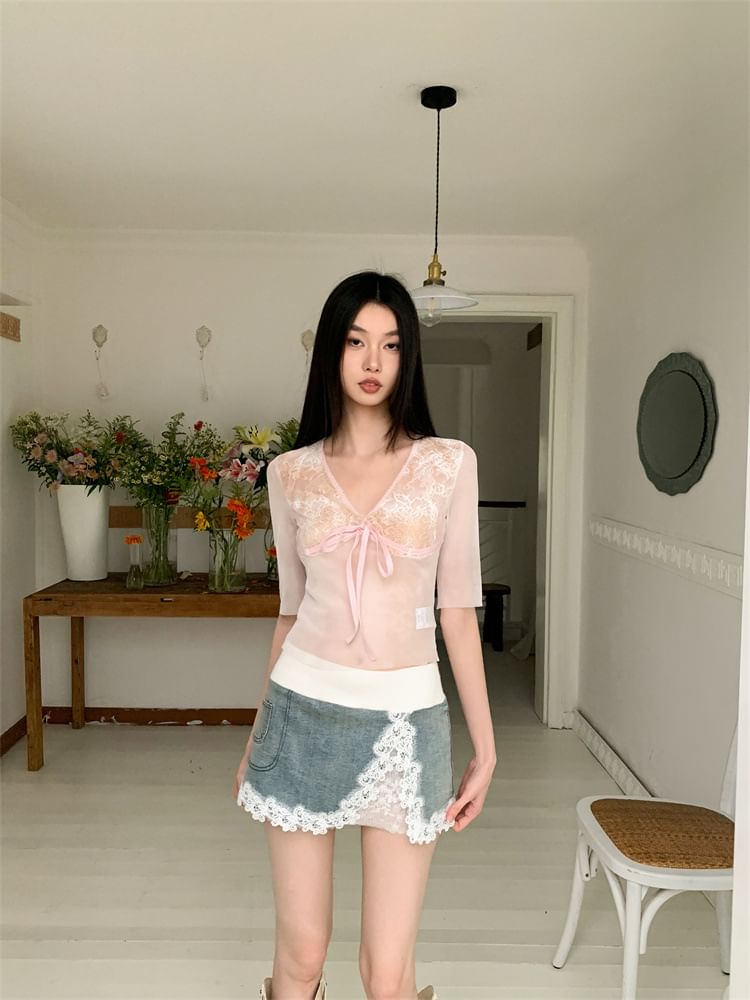 Lace Panel Slim Top and Low Waist Pencil Skirt Set
