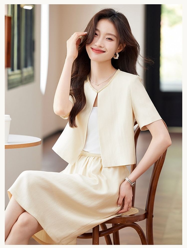 Contrast Trim Blazer and High Rise A-Line Skirt Set