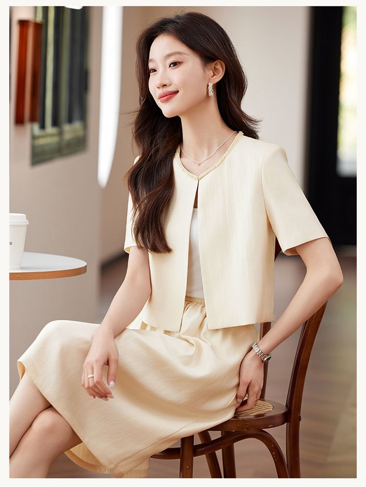 Contrast Trim Blazer and High Rise A-Line Skirt Set