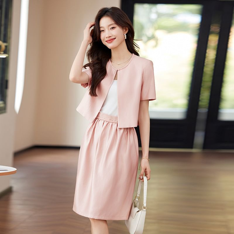 Open Front Blazer and High Rise A-Line Skirt Matching Set