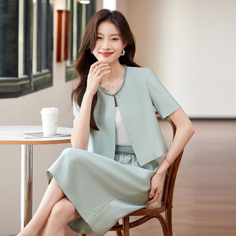 Open Front Blazer and High Rise A-Line Skirt Matching Set
