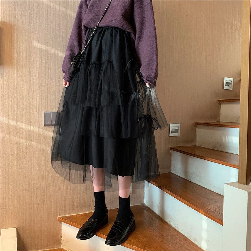 Tiered Mesh Maxi Skirt with High Waist