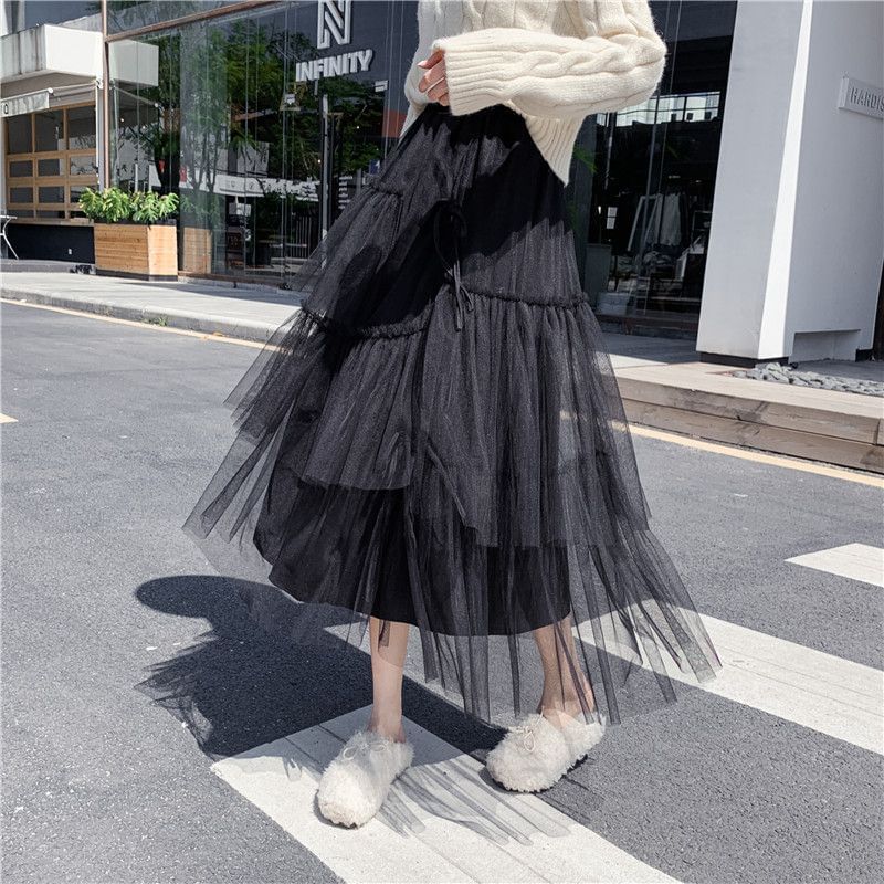 Tiered Mesh Maxi Skirt with High Waist
