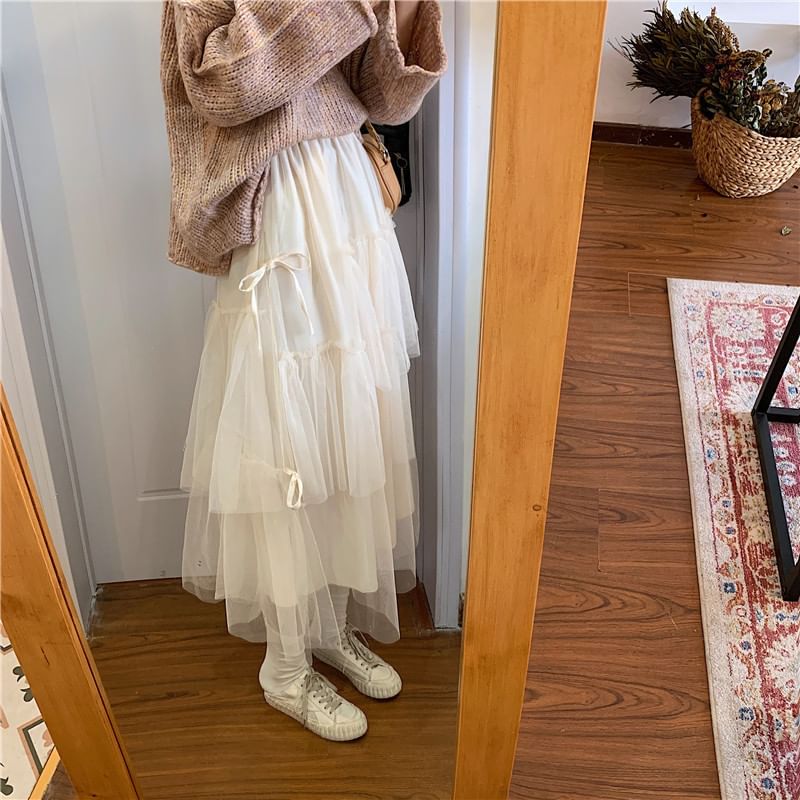 Tiered Mesh Maxi Skirt with High Waist