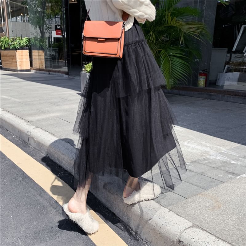 Tiered Mesh Maxi Skirt with High Waist