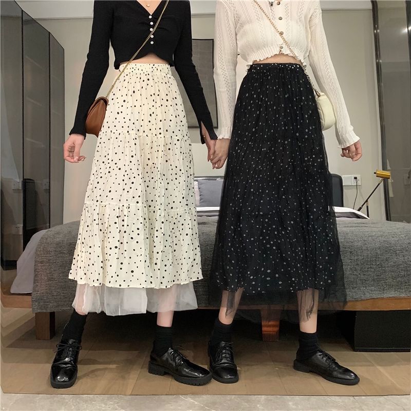 Dotted Midi A-Line Skirt High Rise Solid