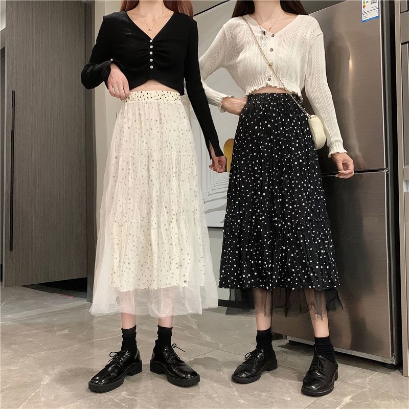 Dotted Midi A-Line Skirt High Rise Solid