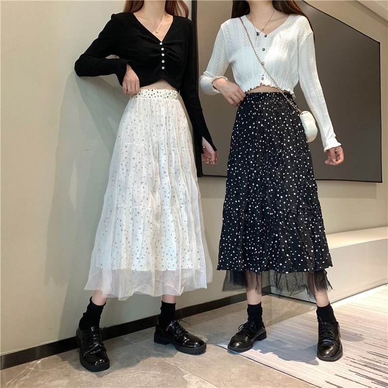 Dotted Midi A-Line Skirt High Rise Solid