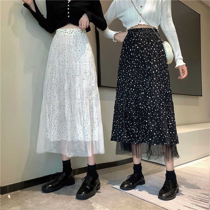 Dotted Midi A-Line Skirt High Rise Solid