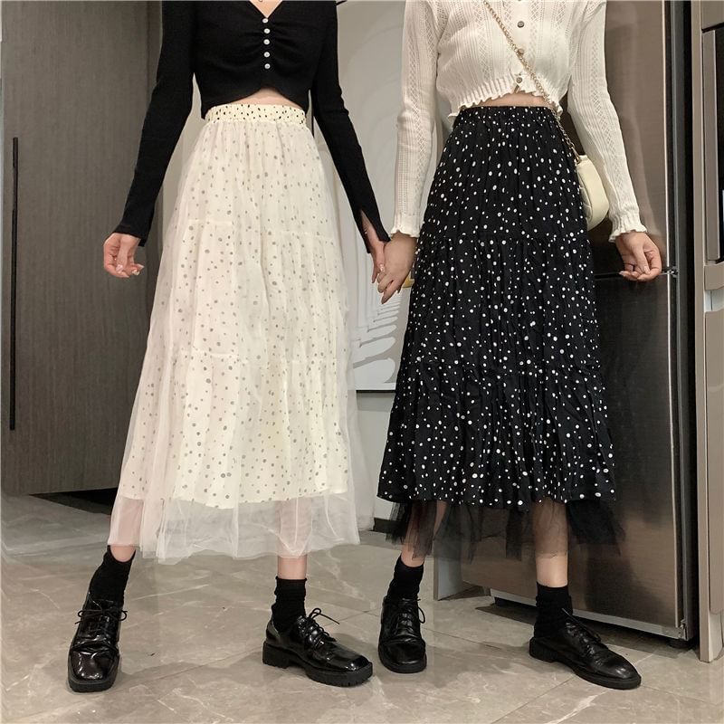 Dotted Midi A-Line Skirt High Rise Solid