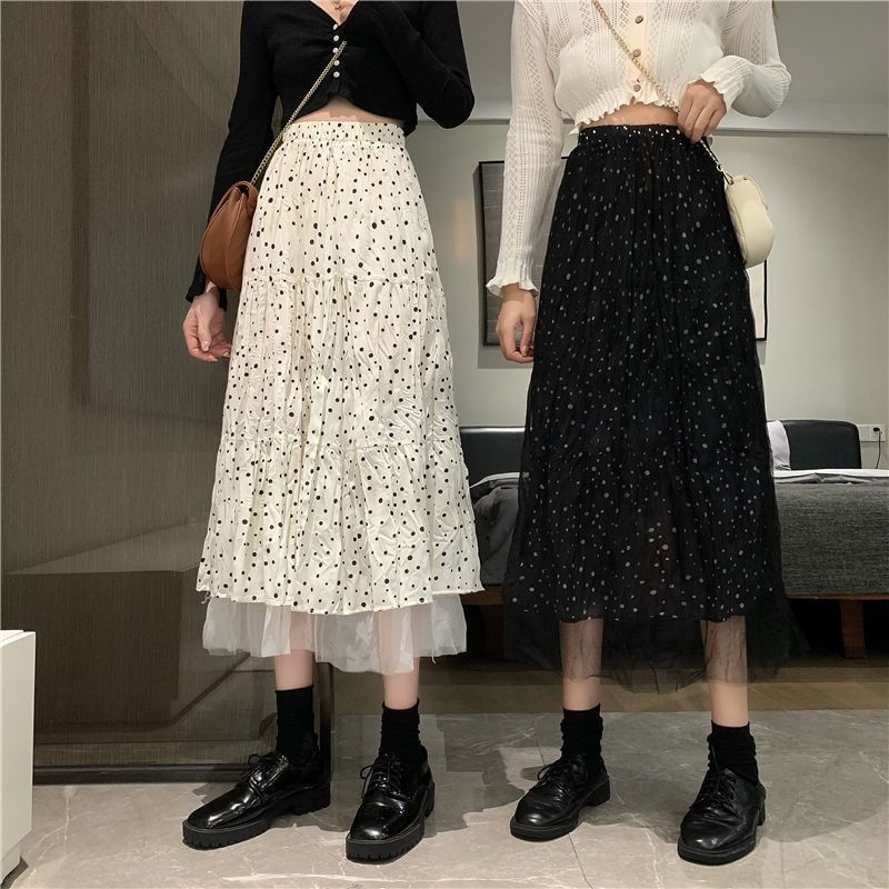 Dotted Midi A-Line Skirt High Rise Solid