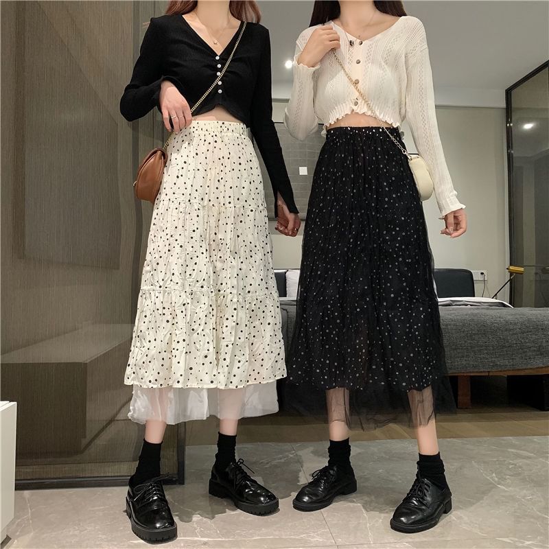 Dotted Midi A-Line Skirt High Rise Solid