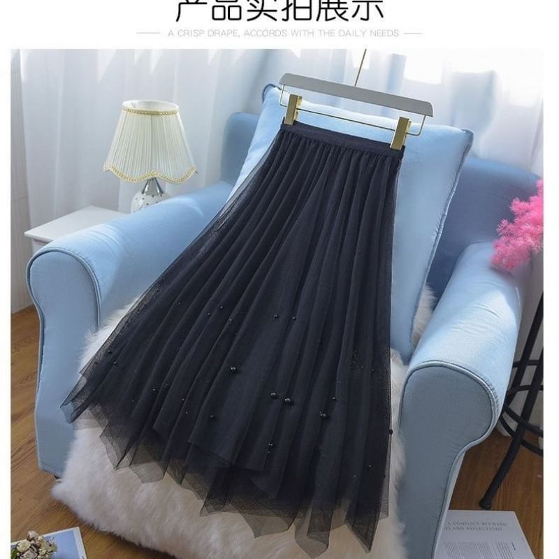 Mesh Maxi A-Line Skirt with High Rise Waist