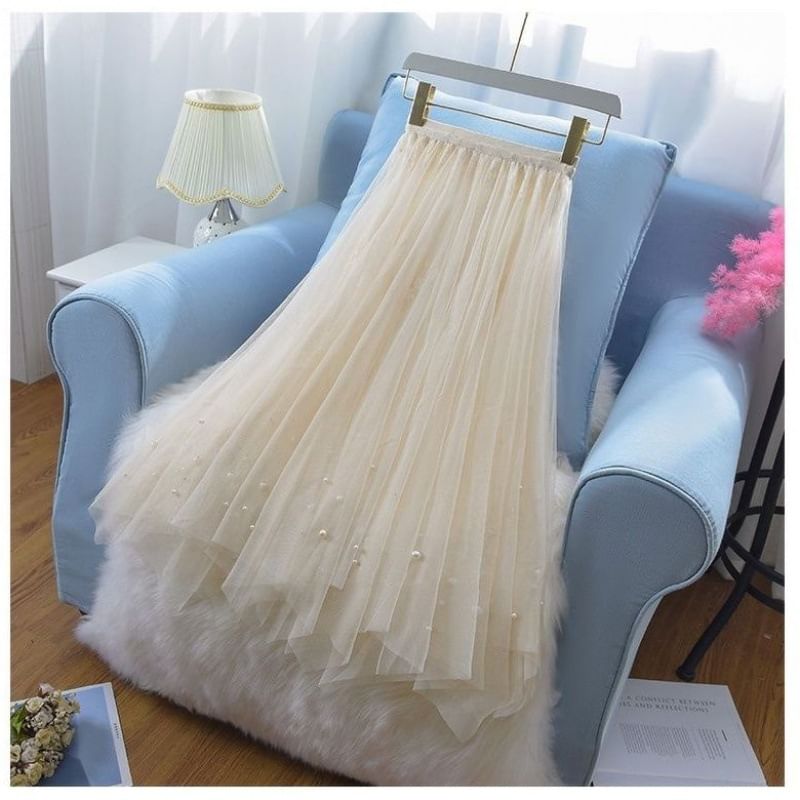 Mesh Maxi A-Line Skirt with High Rise Waist