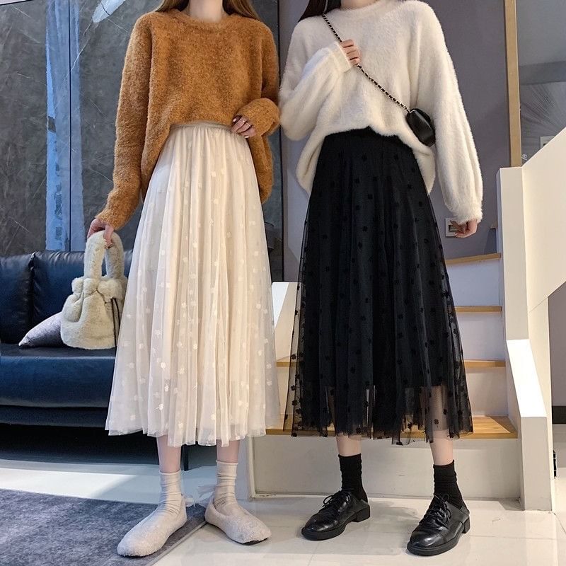 Dotted Mesh Maxi A-Line Skirt with High Rise Fit