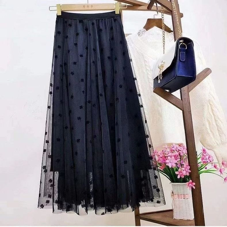 Dotted Mesh Maxi A-Line Skirt with High Rise Fit