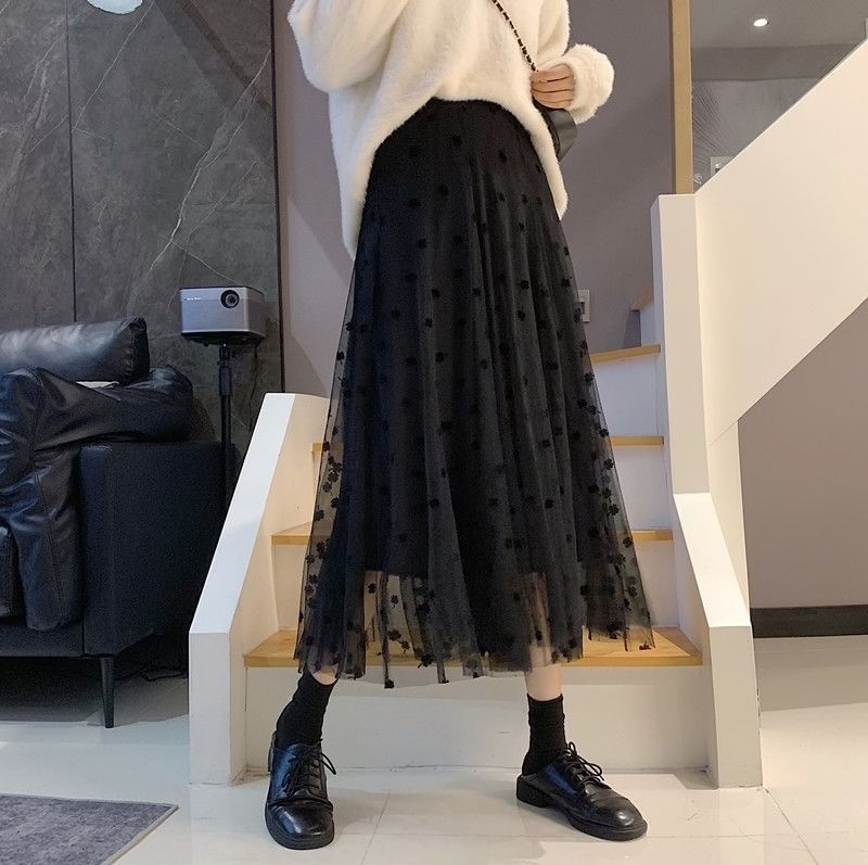 Dotted Mesh Maxi A-Line Skirt with High Rise Fit