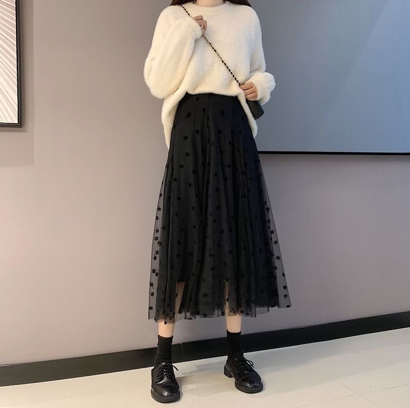 Dotted Mesh Maxi A-Line Skirt with High Rise Fit