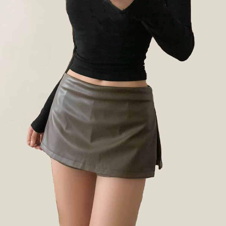 Faux Leather Mini A-Line Skirt with Mid Rise Solid Finish