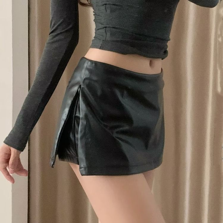Faux Leather Mini A-Line Skirt with Mid Rise Solid Finish