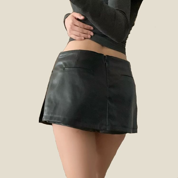 Faux Leather Mini A-Line Skirt with Mid Rise Solid Finish