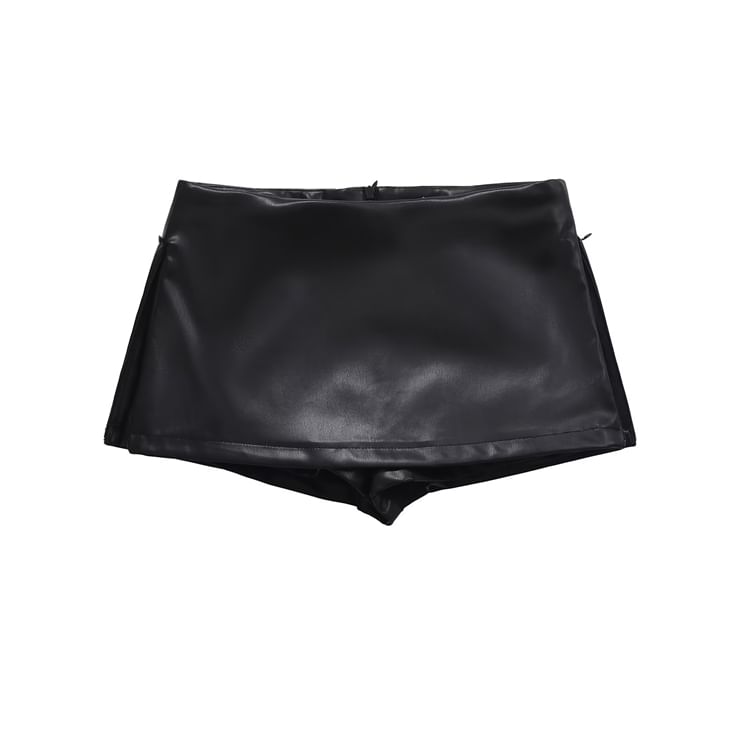 Faux Leather Mini A-Line Skirt with Mid Rise Solid Finish