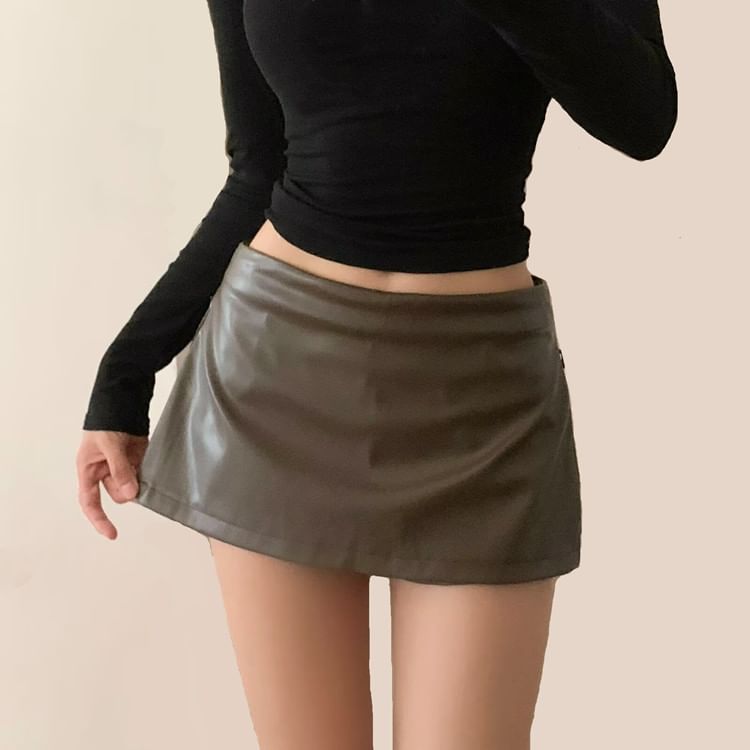 Faux Leather Mini A-Line Skirt with Mid Rise Solid Finish