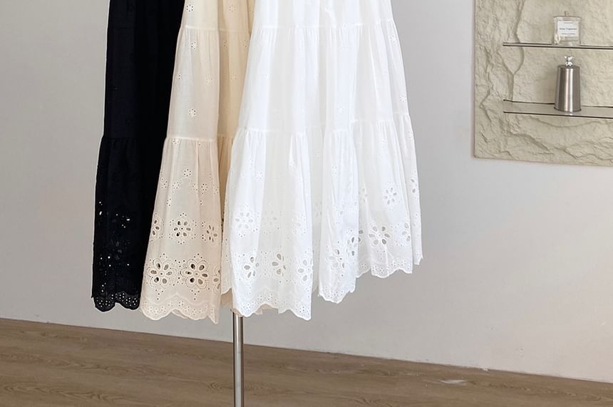 Eyelet Lace A-Line Skirt with High Waist