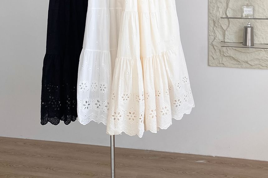 Eyelet Lace A-Line Skirt with High Waist
