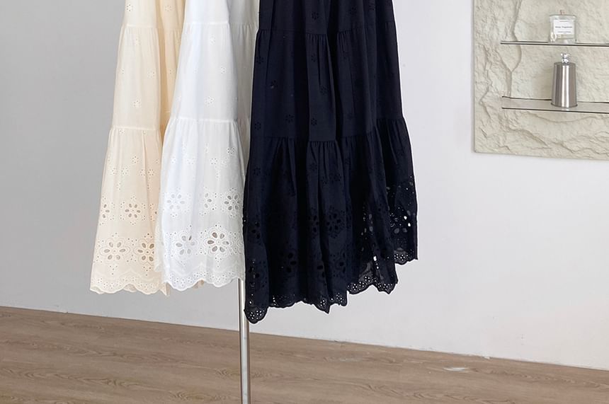Eyelet Lace A-Line Skirt with High Waist