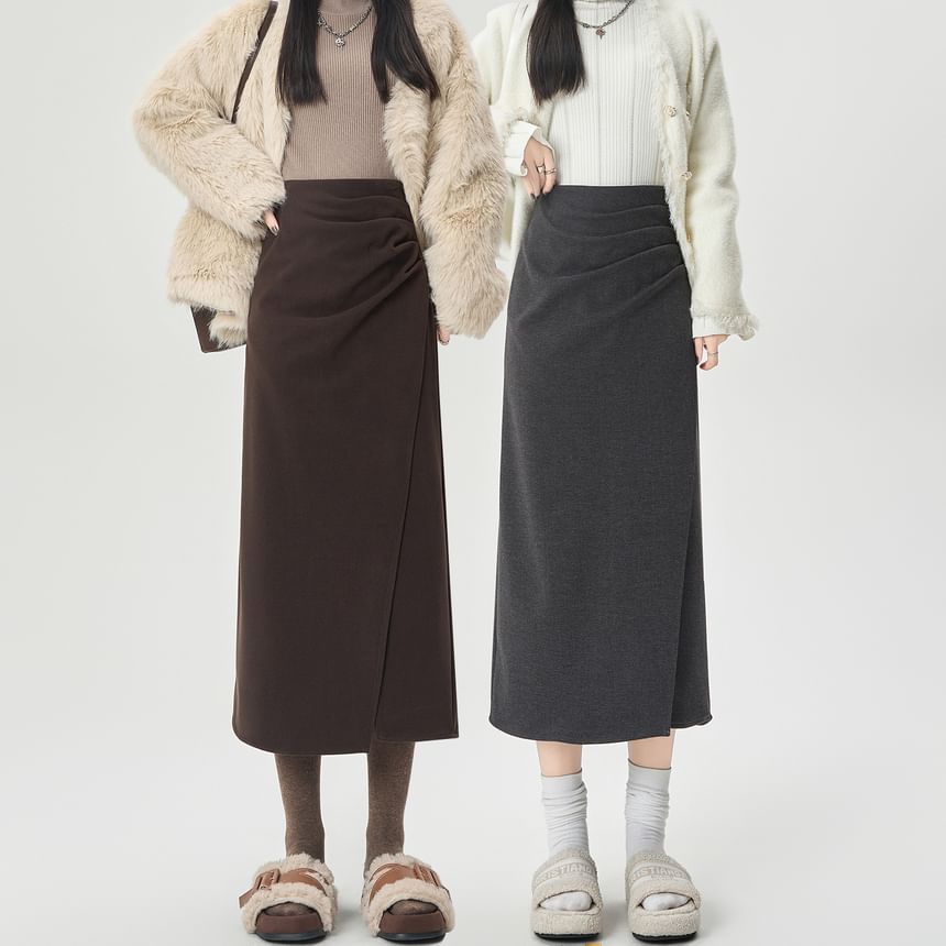 Shirred Slit Midi A-Line Skirt High Waist Solid