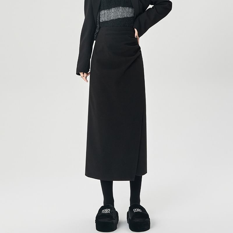 Shirred Slit Midi A-Line Skirt High Waist Solid