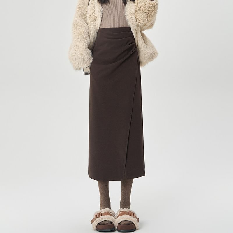 Shirred Slit Midi A-Line Skirt High Waist Solid