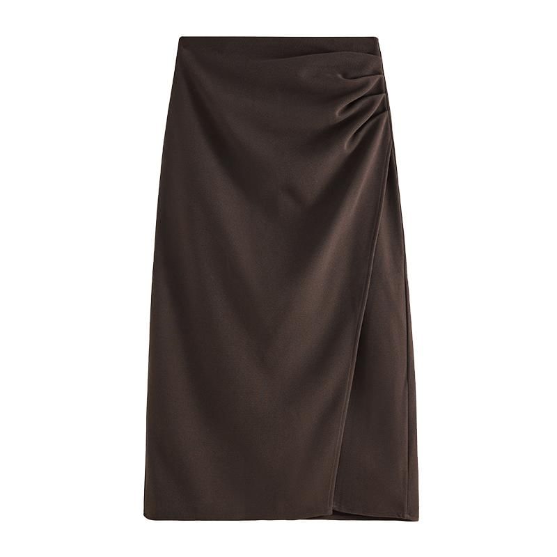 Shirred Slit Midi A-Line Skirt High Waist Solid
