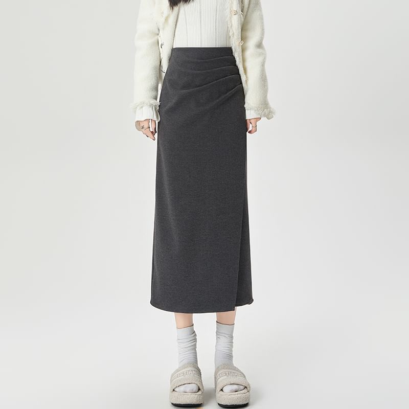 Shirred Slit Midi A-Line Skirt High Waist Solid