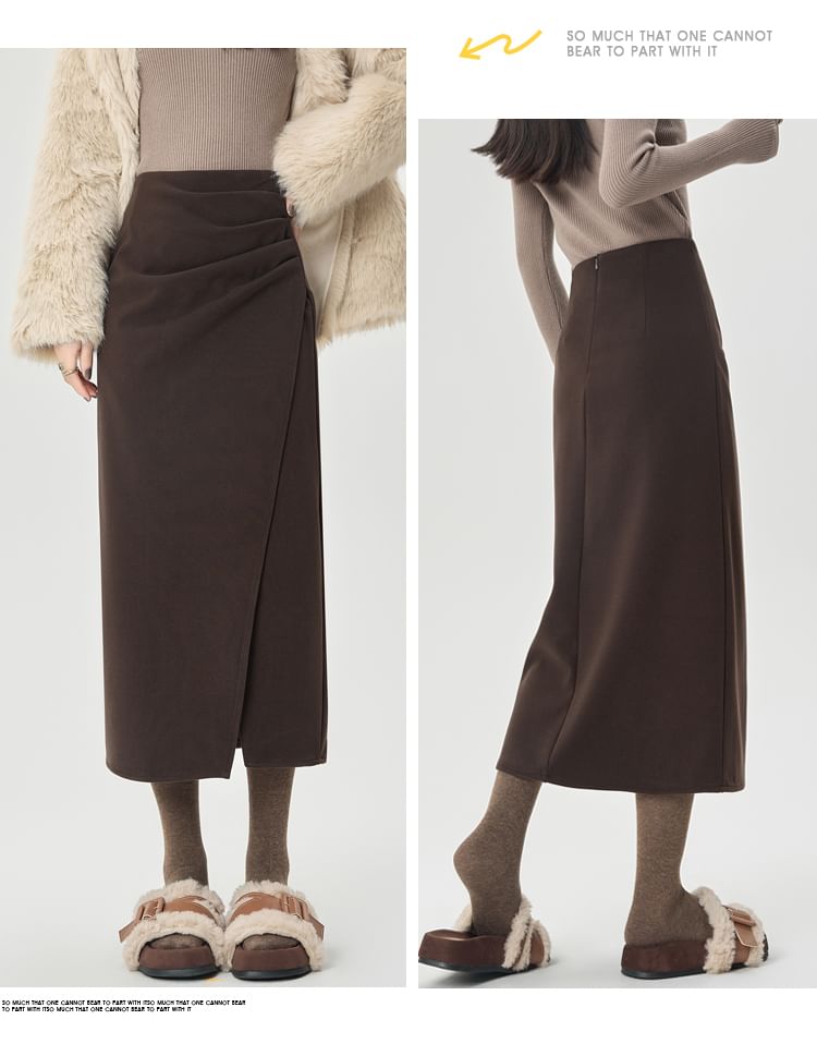 Shirred Slit Midi A-Line Skirt High Waist Solid