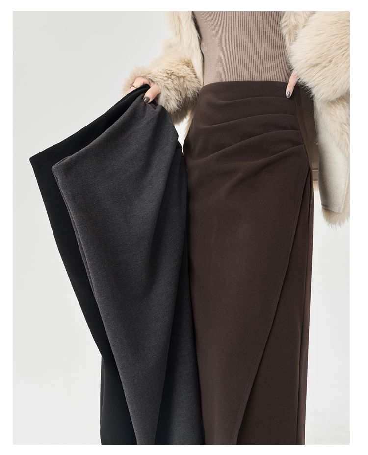 Shirred Slit Midi A-Line Skirt High Waist Solid