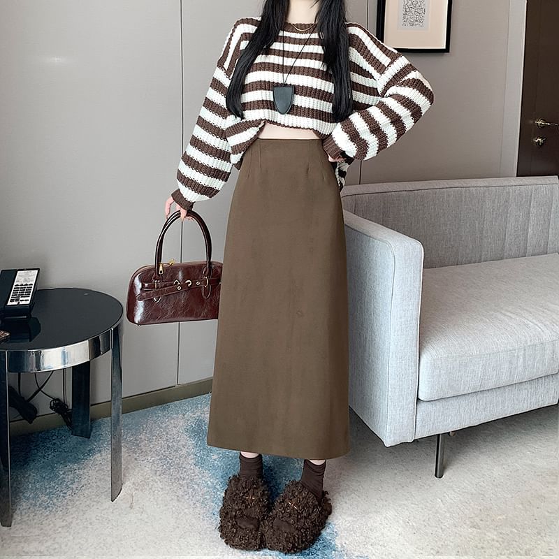 Back Slit Midi A-Line Skirt with High Waist Plain