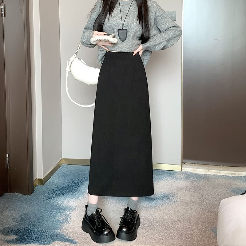 Back Slit Midi A-Line Skirt with High Waist Plain
