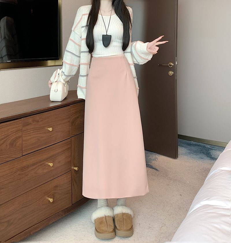 Back Slit Midi A-Line Skirt with High Waist Plain