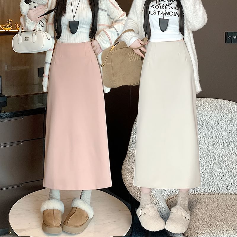 Back Slit Midi A-Line Skirt with High Waist Plain