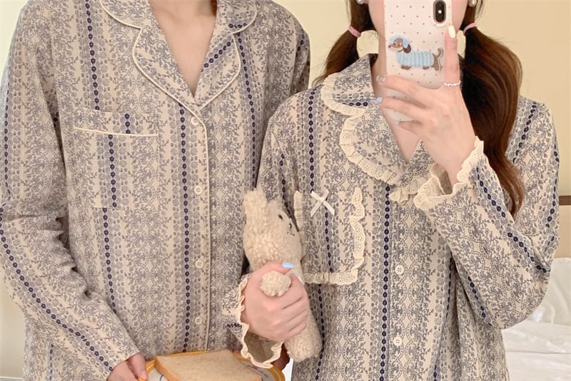 Couple Matching Long-Sleeve Patterned Print Pajama Set
